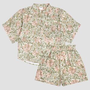 NWT Piglet In Bed x Morris & Co. Soft Sage Honeysuckle Linen Pajama Shorts Set